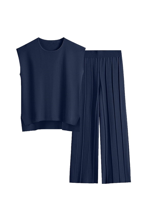 Womens Summer Knit 2 Piece Set Sleeveless Crew Neck Top with Pleated Wide Leg Pants Loose Breathable Loungewear Outfits Dark Blue S