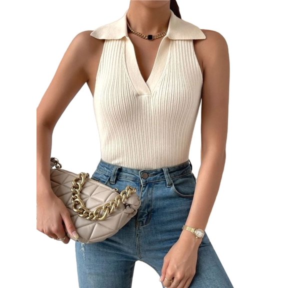 Womens Summer Knit Crop Tops Going Out Sweater Tank Fashion Y2k Sleeveless Shirts Rice Color S