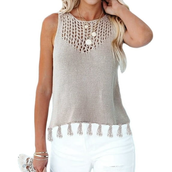 Womens Summer Knit Sweater Tank Tops Round Neck Crochet Hollow Out Sleeveless Casual Crop Shirt M