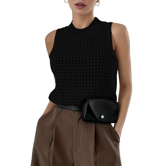 Womens Summer Knit Sweater Tank Tops Round Neck Crochet Hollow Out Sleeveless Casual Crop Shirt Black S
