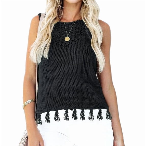 Womens Summer Knit Sweater Tank Tops Round Neck Crochet Hollow Out Sleeveless Casual Crop Shirt Black XL