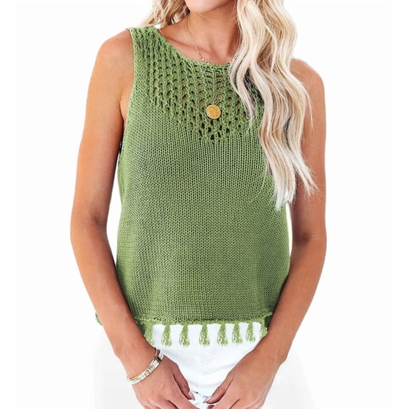 Womens Summer Knit Sweater Tank Tops Round Neck Crochet Hollow Out Sleeveless Casual Crop Shirt Green S