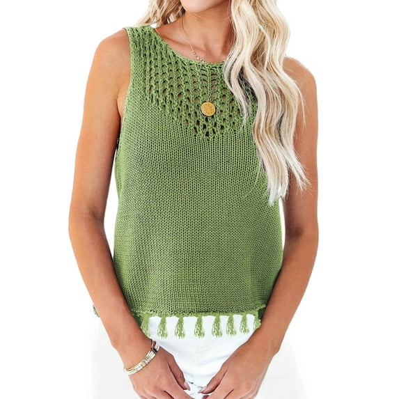 Womens Summer Knit Sweater Tank Tops Round Neck Crochet Hollow Out Sleeveless Casual Crop Shirt Green S