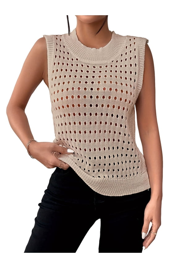 Womens Summer Knit Sweater Tank Tops Round Neck Crochet Hollow Out Sleeveless Casual Crop Shirt Khaki S