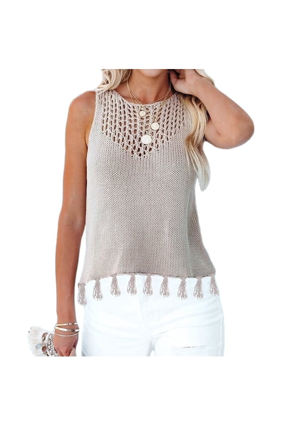 Womens Summer Knit Sweater Tank Tops Round Neck Crochet Hollow Out Sleeveless Casual Crop Shirt L