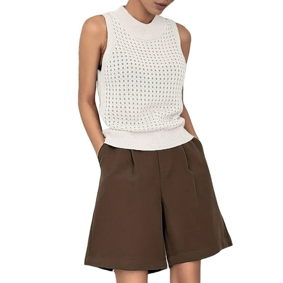 Womens Summer Knit Sweater Tank Tops Round Neck Crochet Hollow Out Sleeveless Casual Crop Shirt White L