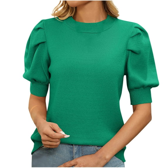 Womens Summer Knitted Sweaters, Short Sleeve Sweaters for Women Fashion Loose Fit Solid Color Ribbed Crewneck Sweatshirts