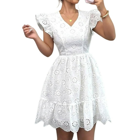 Womens Summer Lace Dresses Eyelet Casual Flowy Babydoll Swing Short Sleeve V Neck Tunic Dress White XL