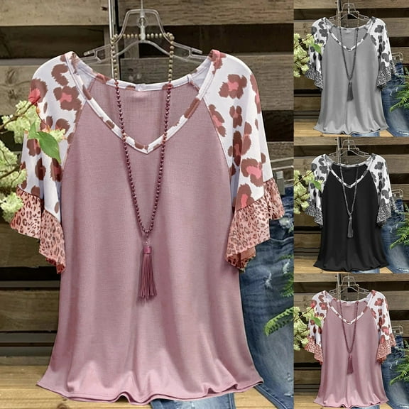 Womens Summer Leopard Print Stripe Tops Casual Crewneck Short Sleeve T Shirts Color Block Tees Tunic Blouse Stripe Neck Tee Womens Long Sleeve Athletic Shirt Long Sleeve Woman Shirts Women S Summer