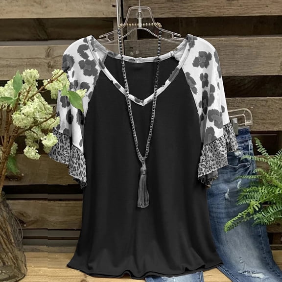 Womens Summer Leopard Print Stripe Tops Casual Crewneck Short Sleeve T Shirts Color Block Tees Tunic Blouse Woman Tees Synthetic Long Sleeve Shirt Women Short Shirt Loose Women Workout Tops T Shirts