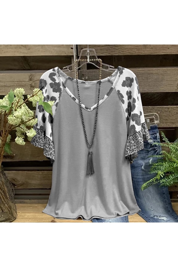 Womens Summer Leopard Print Stripe Tops Casual Crewneck Short Sleeve T Shirts Color Block Tees Tunic Blouse Woman Tees Synthetic Long Sleeve Shirt Women Short Shirt Loose Women Workout Tops T Shirts