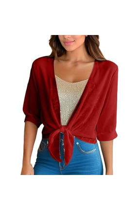 Womens Summer Lightweight Crop Bolero Cardigan Shrug Tie Front Mesh Sun Protection Top Half Sleeve Jacket for Dress