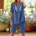 thumbnail image 1 of Womens Summer Linen 2 Piece Set Embroidered V Neck Button Shirt and Knee Length Casual Shorts Beach Vacation Outfits Blue XL, 1 of 7