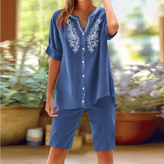 Womens Summer Linen 2 Piece Set Embroidered V Neck Button Shirt and Knee Length Casual Shorts Beach Vacation Outfits Blue XL