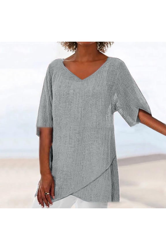 Womens Summer Linen Blouses Shirts Tops Casual Loose Fit Trendy V Neck Solid Color Casual Swing Shirts Flowy Tops
