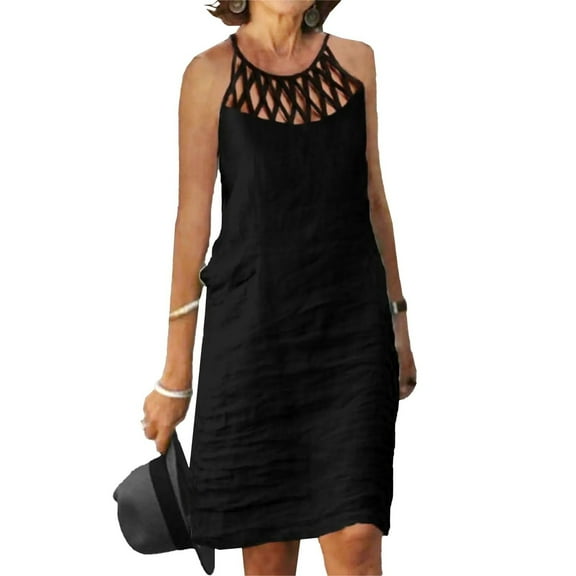Womens Summer Linen Casual Halter Dress Crochet Hollow Out Straight Solid Color Beach Sleeveless Tank Sun Dress