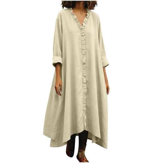 Womens Summer Linen Dress - Oversized Boho Long Sleeve V-Neck Tiered Ruffle Irregular Hem Maxi Long Sundress