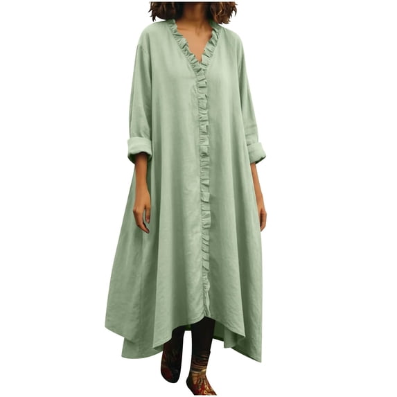 Womens Summer Linen Dress - Oversized Boho Long Sleeve V-Neck Tiered Ruffle Irregular Hem Maxi Long Sundress
