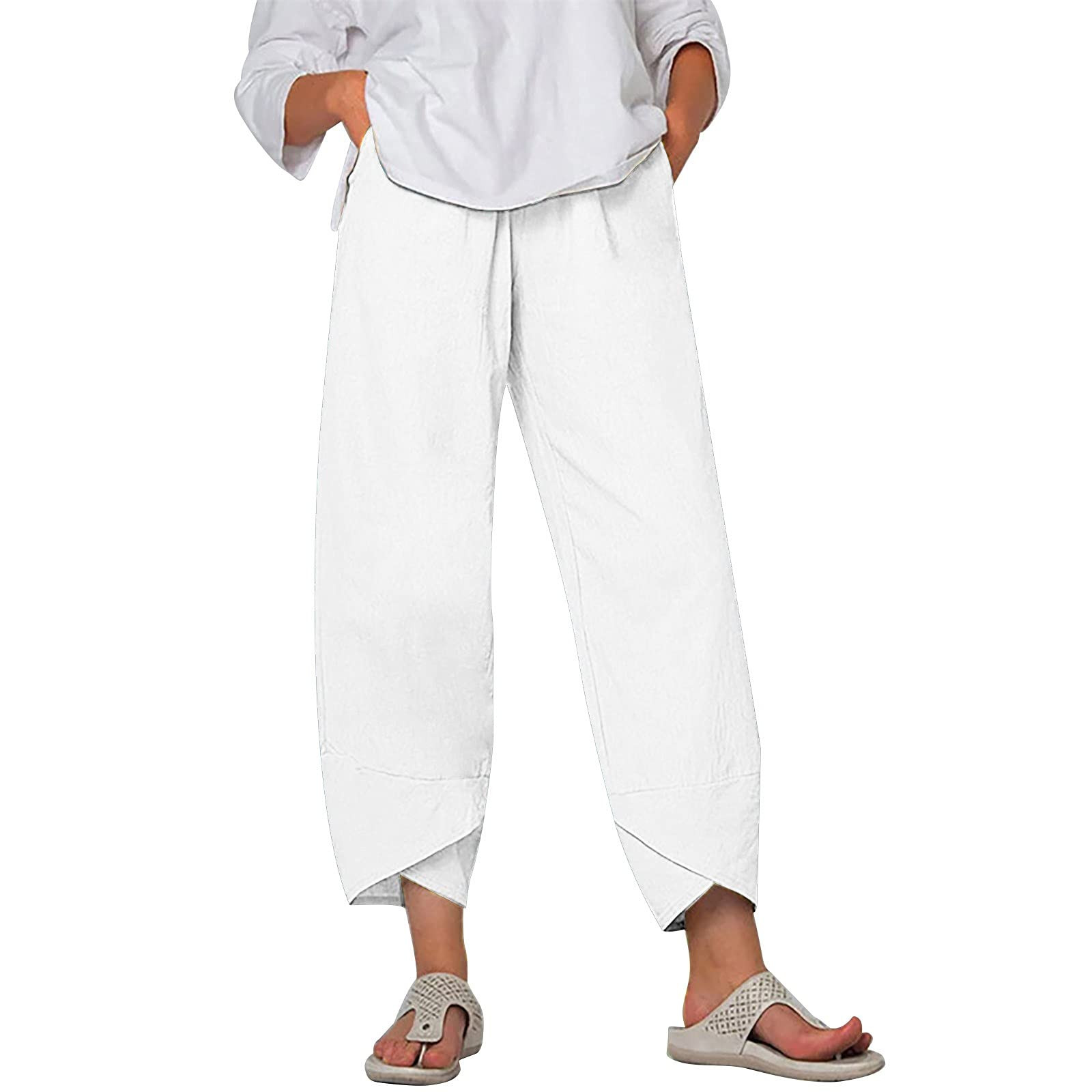 Womens Summer Linen Pants Elastic Waist Lounge Pants Tapered Capris ...