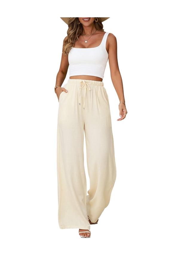 Linen Wide Leg Pants for Women Flowy Palazzo Drawstring Elastic Waist with Pockets Summer Beach Trousers
