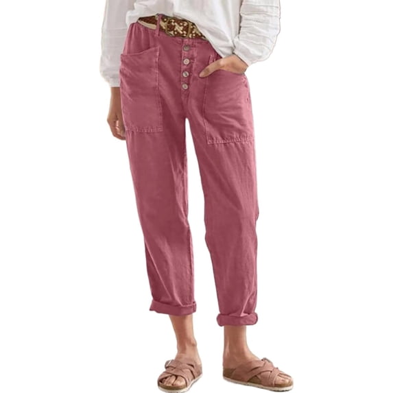 Womens Summer Linen Tapered Pants Belted Button Down Roll Up Capri Pants Outdoor Hiking Workout Casual Loose Cropped Trousers