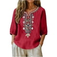 thumbnail image 1 of Womens Summer Linen Tops Casual 3/4 Sleeve Split Neck Shirts Loose Boho Embroidered Womens Vacation Beach Blouses S-3XL, 1 of 7