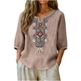 thumbnail image 1 of Womens Summer Linen Tops Casual 3/4 Sleeve Split Neck Shirts Loose Boho Embroidered Womens Vacation Beach Blouses S-3XL, 1 of 7