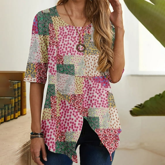 Womens Summer Linen Tops Short Sleeve Split Irregular Hem Crew Neck Tunic T Shirt Casual Tees Ladies Blouses (Small, Pink)