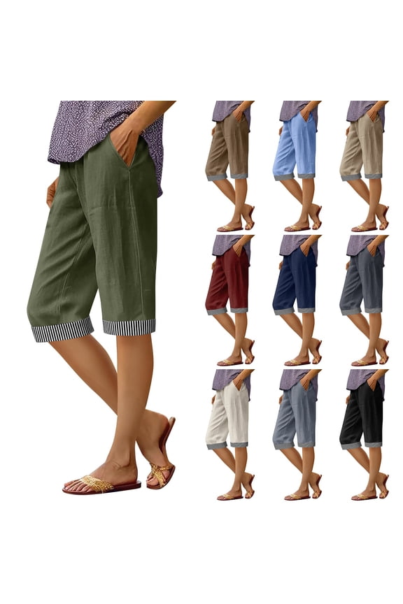 Womens Summer Long Shorts Knee Length Striped Patchwork Plus Size Linen Elastic Waist Pockets Loose Short Pants (2XL, Green)