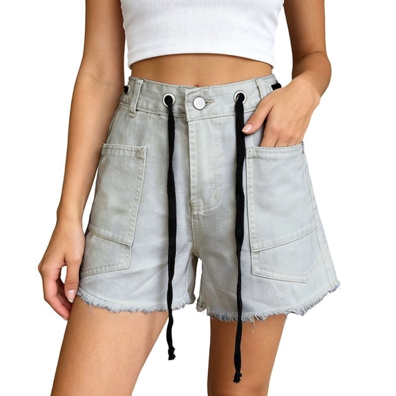 Womens Summer Loose Casual Shorts Drawstring High Waisted Denim Shorts Multi Pocket