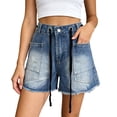 thumbnail image 1 of Womens Summer Loose Casual Shorts Drawstring High Waisted Denim Shorts Multi Pocket, 1 of 5