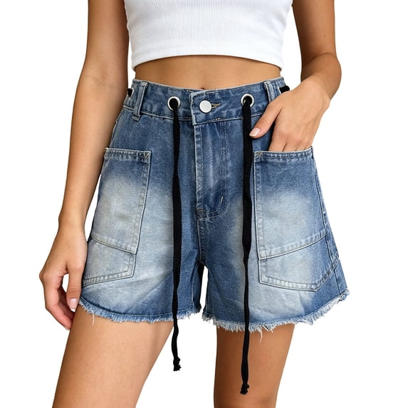Womens Summer Loose Casual Shorts Drawstring High Waisted Denim Shorts Multi Pocket