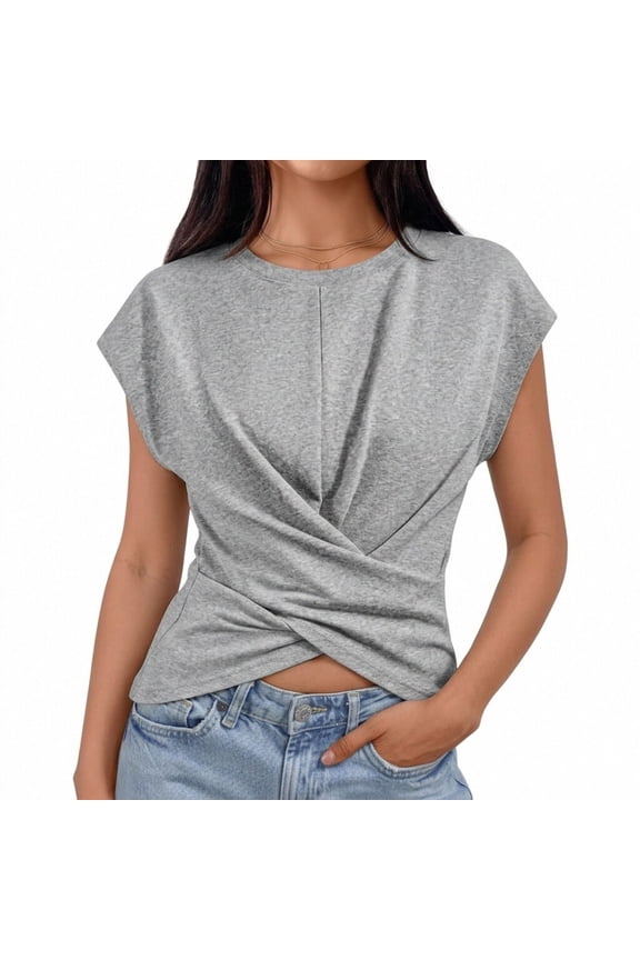 Womens Summer Loose Tee New Women's Round Neck T-Shirt, Loose Fits Cap Sleeve Tee with Crossover Hem, Summer Fashion Versatile Tops