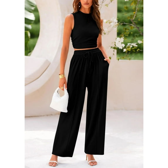 Womens Summer Lounge Sets 2 Piece Outfits Tube Top and Wide Leg Pants Matching Set Beach Vacation Clothes