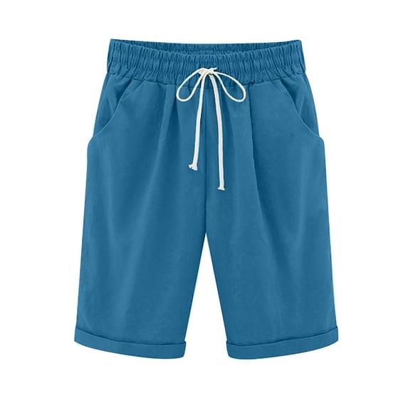 Womens Summer Lounge Shorts Elastic Waist Knee Length Casual Cotton Linen Shorts Curling Athletic Shorts with Drawstring