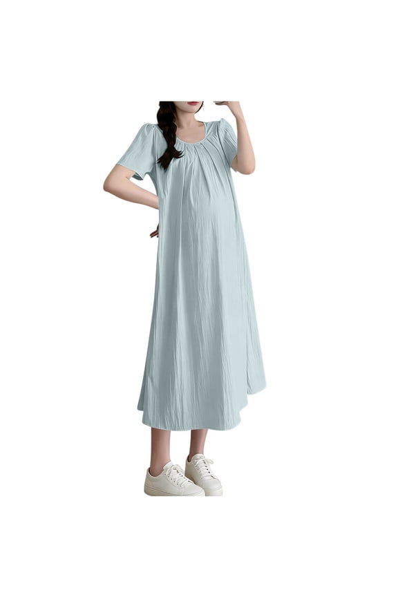 Womens Summer Maternity Dress Casual Midi Dresses 2026 Short Puff Sleeve Flare Dress Pleated Flowy Sundress