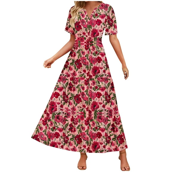 Womens Summer Maxi Boho Beach Dress Floral Print Dress V Neck Short Sleeve Drawstring High Waist Flowy Long Midi Dresses Multicolor L
