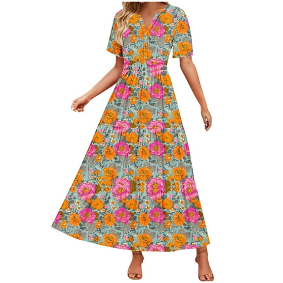 Womens Summer Maxi Boho Beach Dress Floral Print Dress V Neck Short Sleeve Drawstring High Waist Flowy Long Midi Dresses Orange XXL