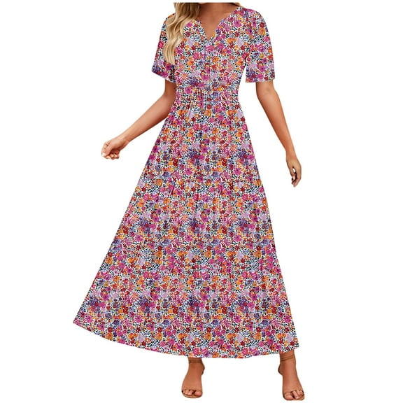 Womens Summer Maxi Boho Beach Dress Floral Print Dress V Neck Short Sleeve Drawstring High Waist Flowy Long Midi Dresses Purple M