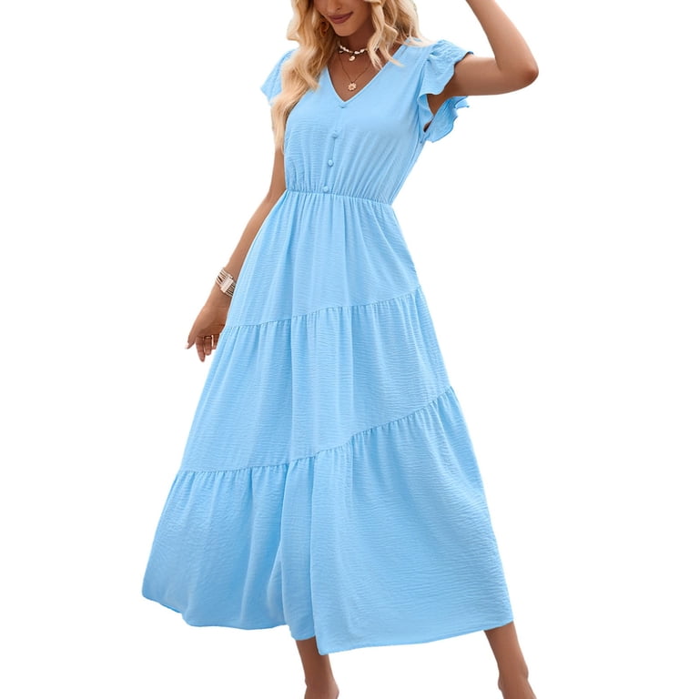 Womens Summer Maxi Boho Beach Dress Floral Print Dress V Neck Short Sleeve  Drawstring High Waist Flowy Long Midi Dresses - Walmart.com