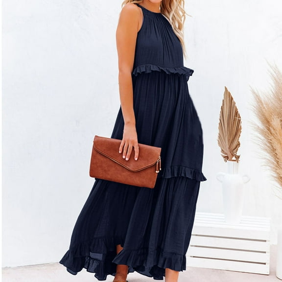 Womens Summer Maxi Dress Sleeveless Tiered Beach Dress Casual Loose Swing Boho Smocked Ruffle Short Sleeved Dresses Women Midi Dresses for Women Casual Womens Rayon Dresses Midi Dress Fall Dresses for