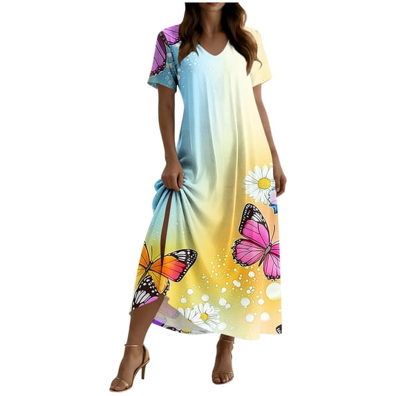 Womens Summer Maxi Dress, Split Side Loose V Neck Casual Short Sleeve Bohemian Floral Swing Tshirt Dresses