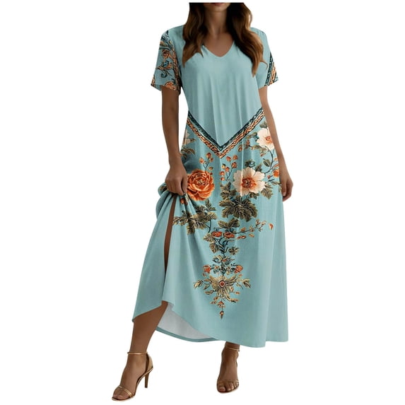 Womens Summer Maxi Dress, Split Side Loose V Neck Casual Short Sleeve Bohemian Floral Swing Tshirt Dresses