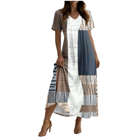 Womens Summer Maxi Dress, Split Side Loose V Neck Casual Short Sleeve Bohemian Floral Swing Tshirt Dresses
