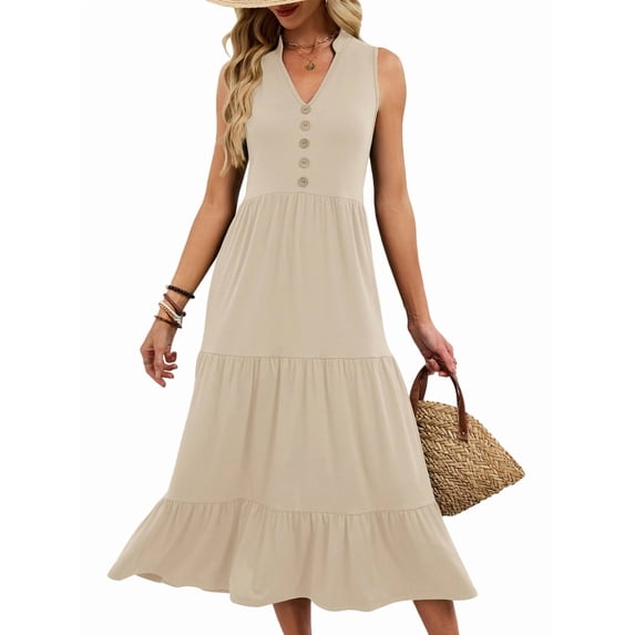 Womens Summer Maxi Dresses Flowy V Neck Sleeveless Swing Casual Beach Sundress with Pockets Color XL