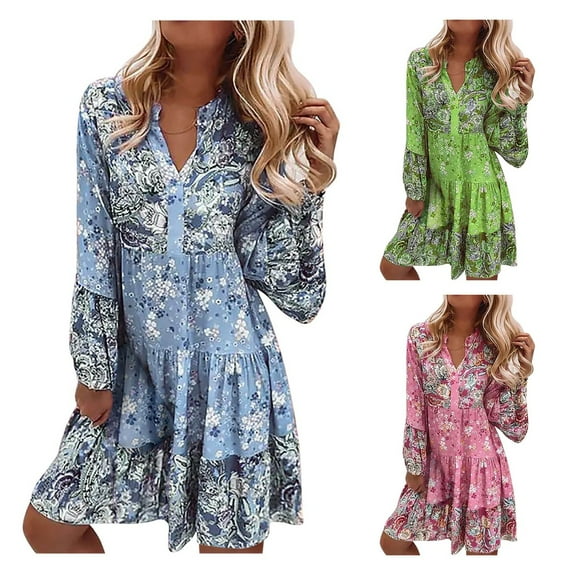 Womens Summer Maxi Dresses V Neck Long Sleeve Floral Print Casual Flowy Mini Dress