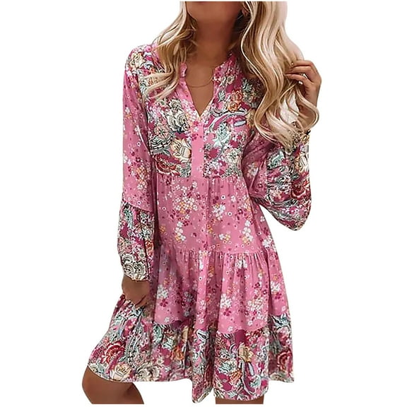 Womens Summer Maxi Dresses V Neck Long Sleeve Floral Print Casual Flowy Mini Dress
