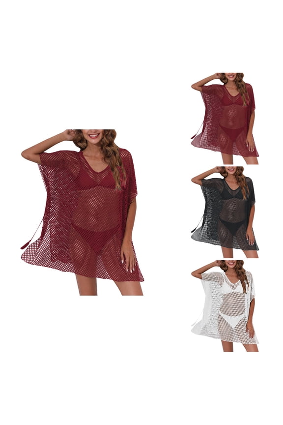 Womens Summer Mesh Beach Blouse Loose Sheer Batwing Long Sleeve Neck Top with Front Back Split & Irregular Hem