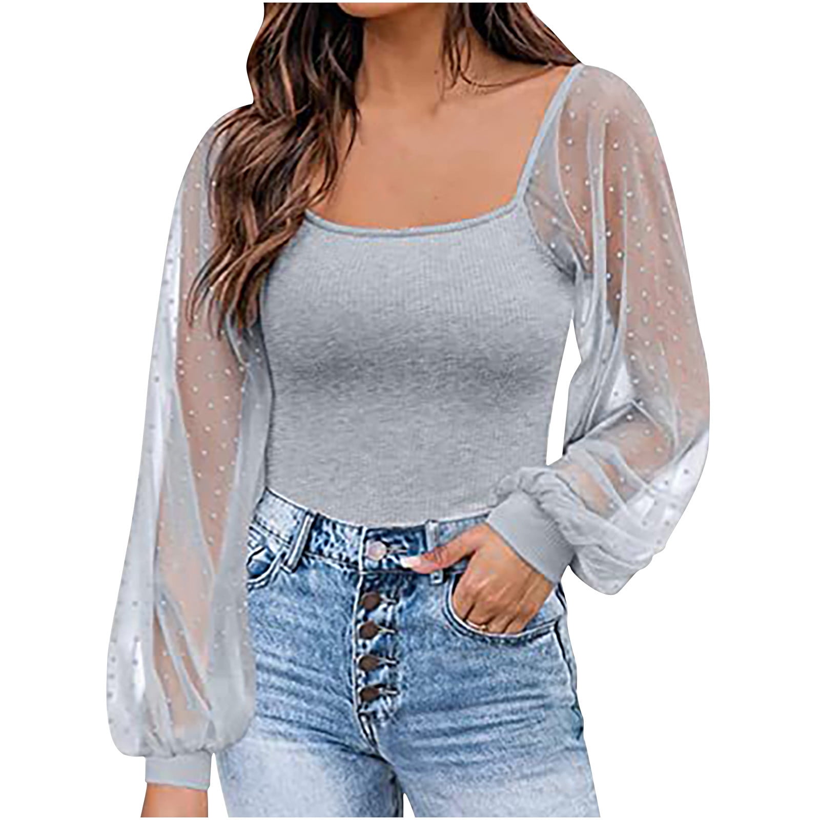 Womens Summer Mesh Long Sleeve Tops Blouses Solid Color Square Neck T Shirts Tops Slim Fit Casual Soft Tunic Tees Walmart