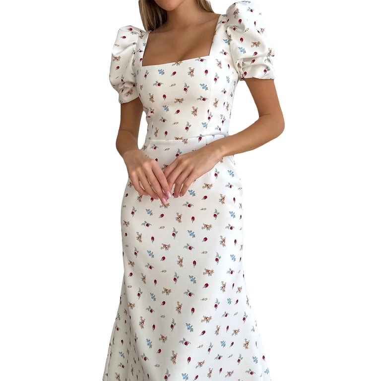 cream square neck midi dress Ice Cream Print Cotton Midi Dress